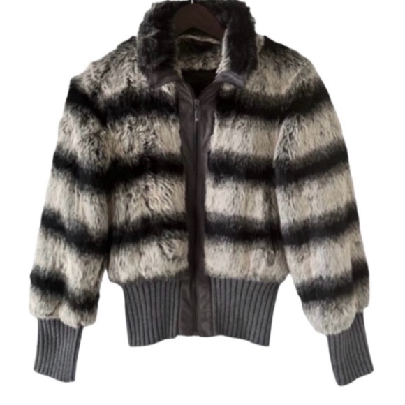 Rachel Zoe Black White and Grey Faux Fur Bomber Jacket Size XS - Picture 1 of 8